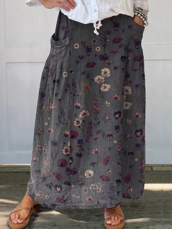 Floral patterned linen skirt with pockets — view 2