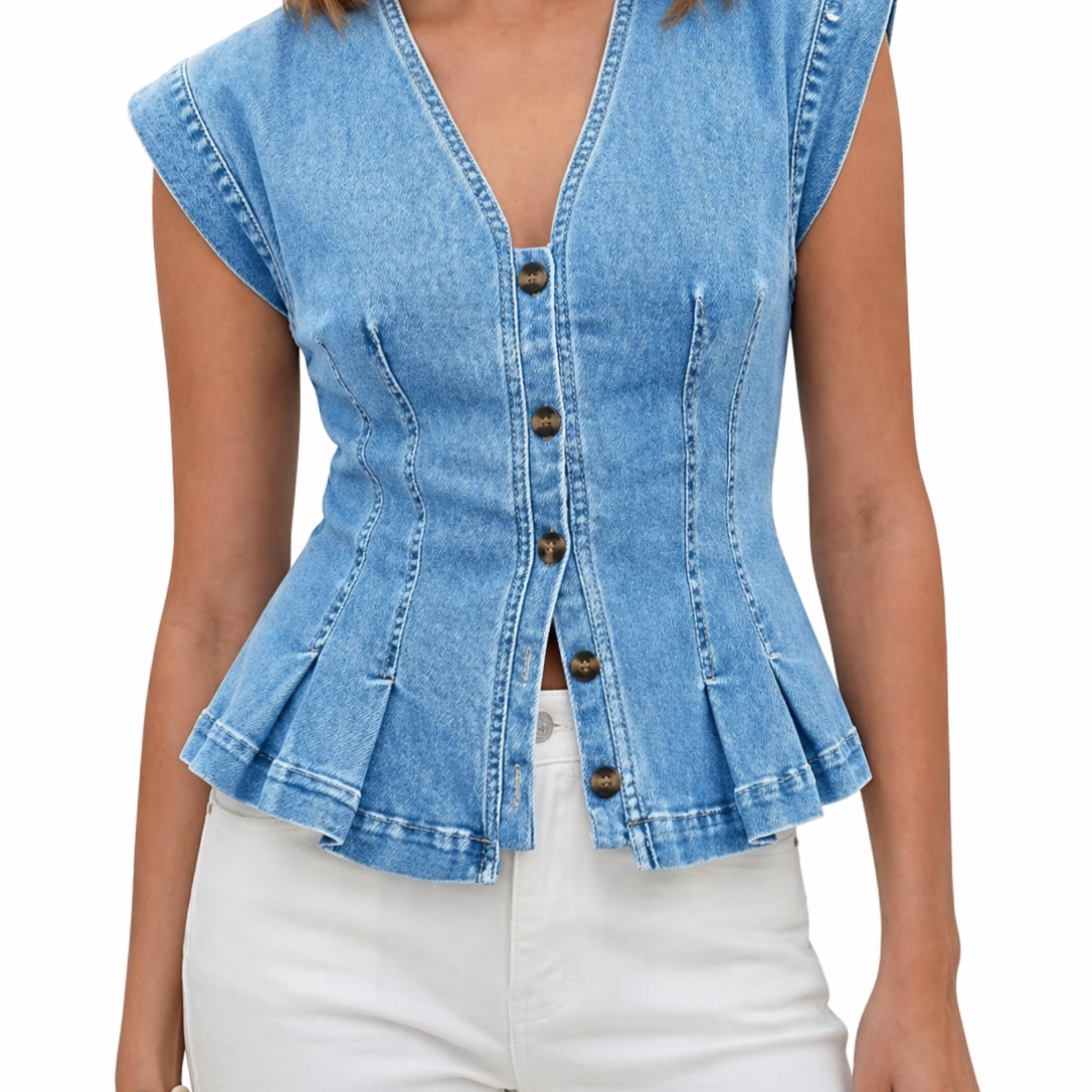 Willa - V-Neck Denim Top — view 6