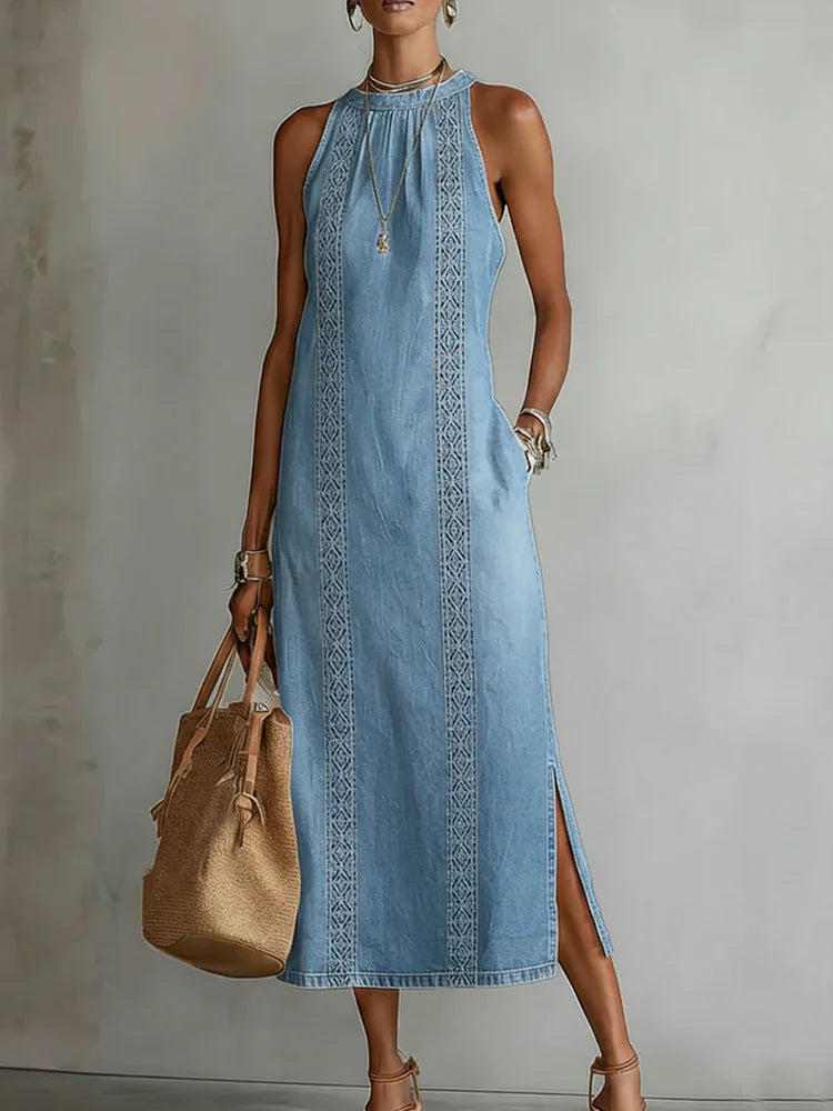 Zoey - Retro Lace Denim Dress — view 2