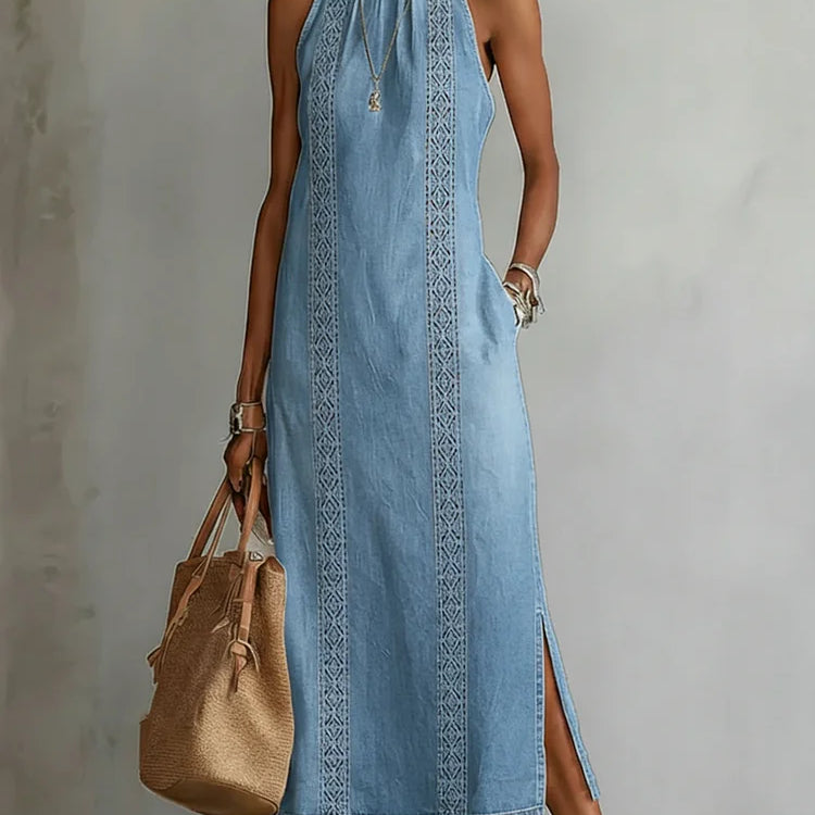 Zoey - Retro Lace Denim Dress — view 2