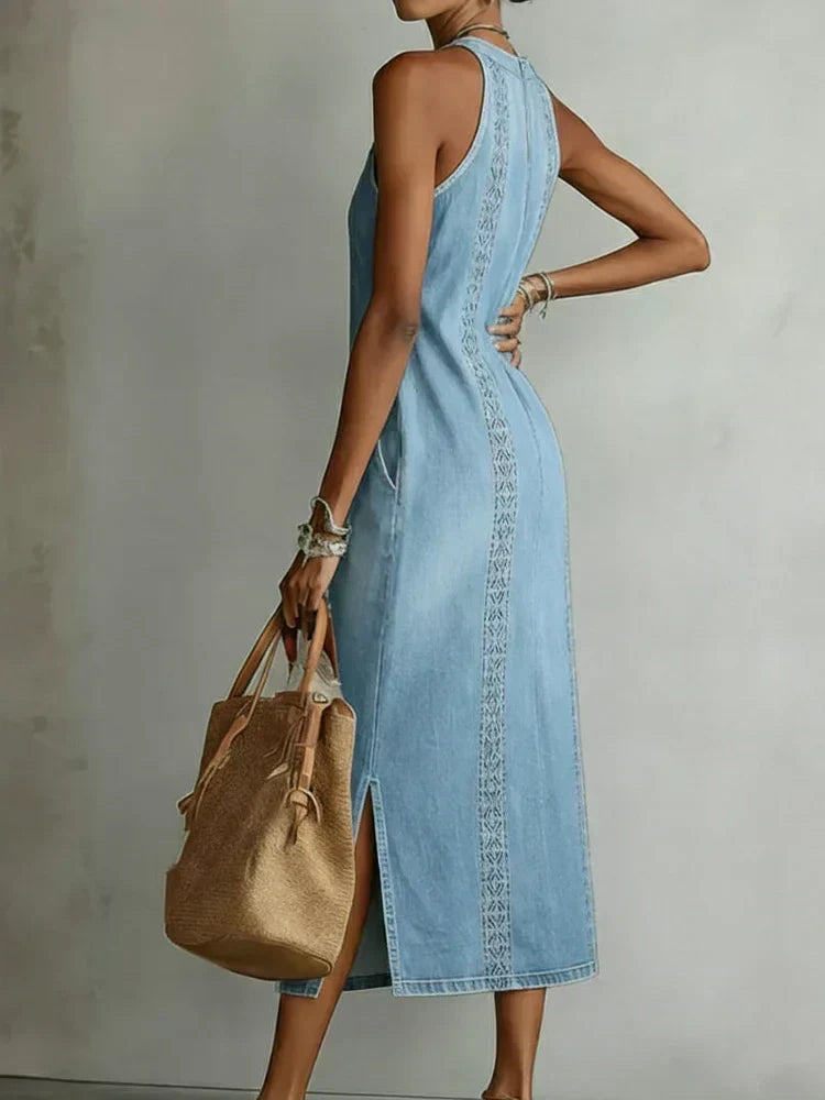 Zoey - Retro Lace Denim Dress — view 3