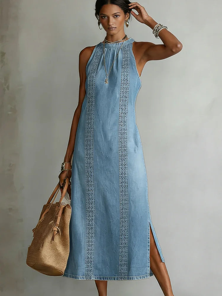 Zoey - Retro Lace Denim Dress — view 4