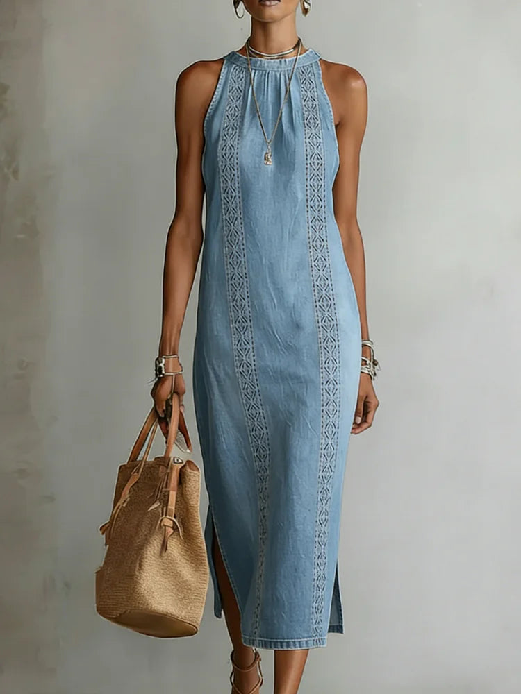 Zoey - Retro Lace Denim Dress — view 5