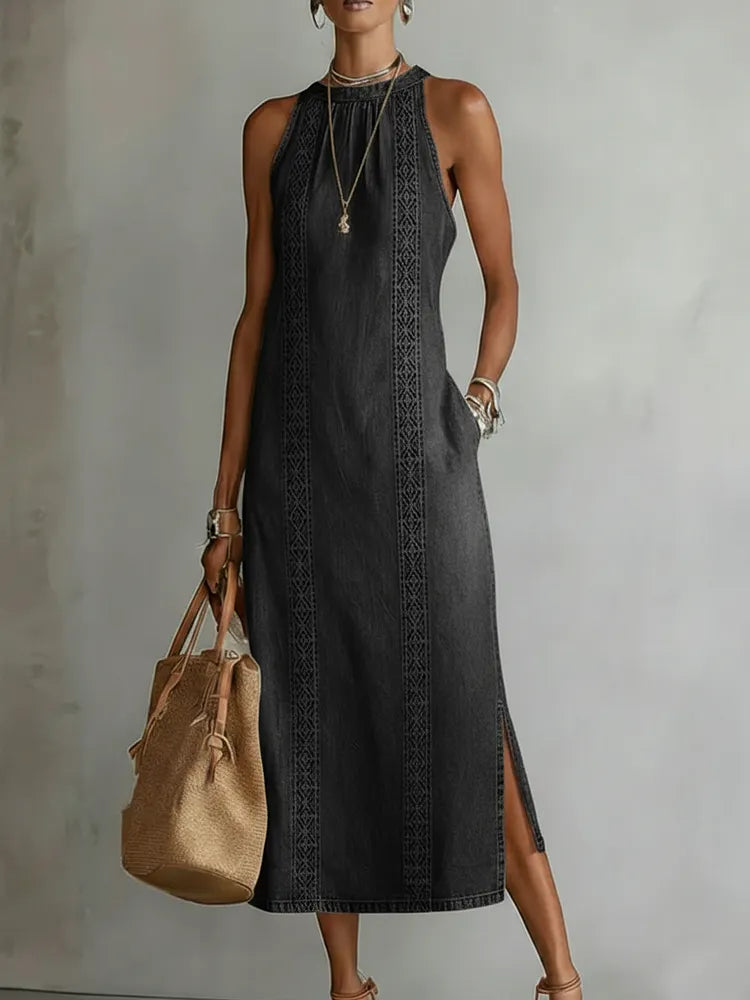 Zoey - Retro Lace Denim Dress — view 6