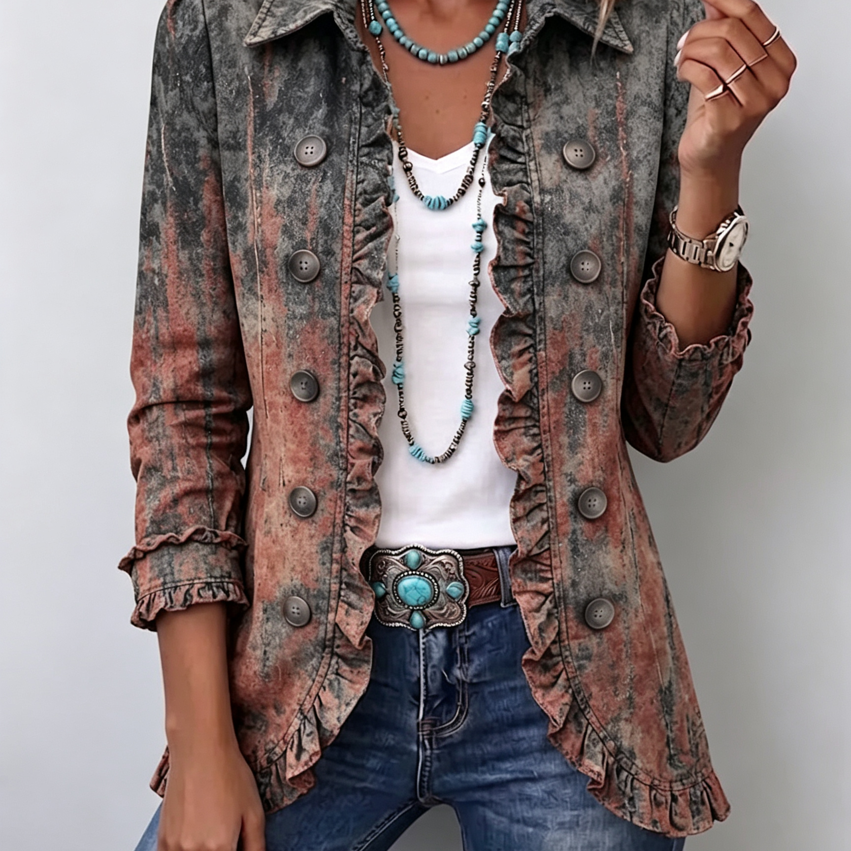 Zoey - Retro Gradient Textured Ruffled Jacket — view 1