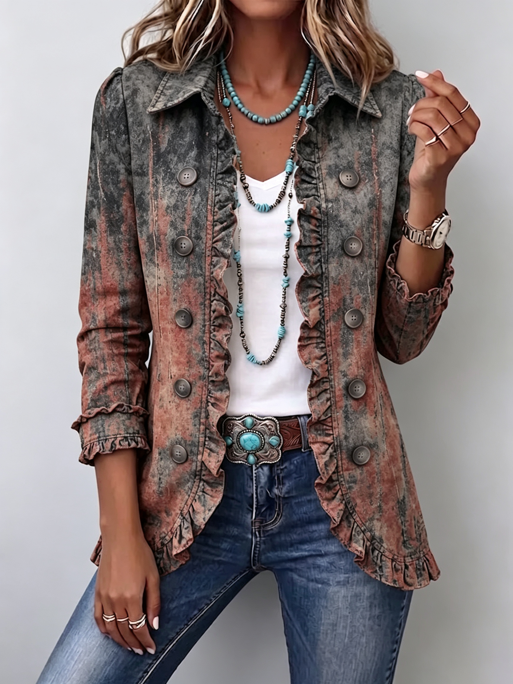 Zoey - Retro Gradient Textured Ruffled Jacket — view 1